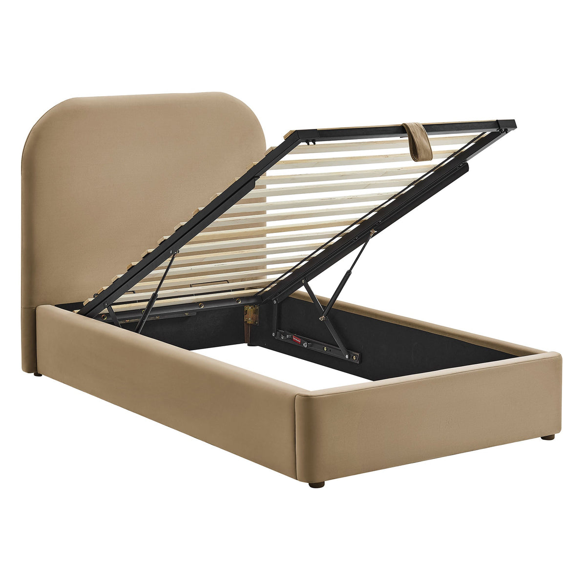 Keynote velvet storage platform bed by Modway beige with hydraulic lift and black metal base on Tampa Home & Garden Store