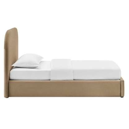 Keynote Performance Velvet storage platform bed frame in beige with upholstered headboard on Tampa Home & Garden Store