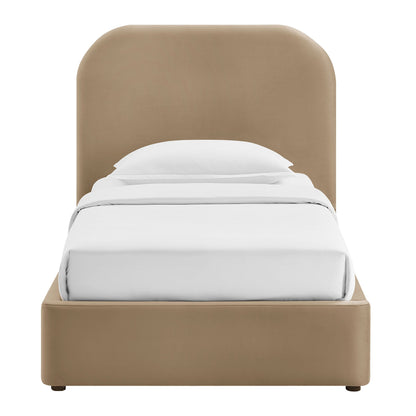 Keynote Performance Velvet storage platform bed frame by Modway in tan velvet with white bedding on Tampa Home & Garden Store