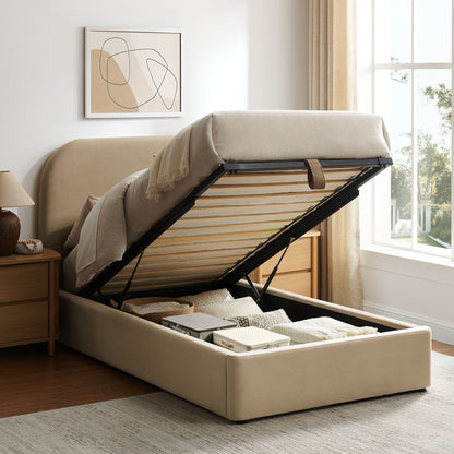 Keynote Performance Velvet Storage Platform Bed Frame beige velvet with lift mechanism on Tampa Home & Garden Store