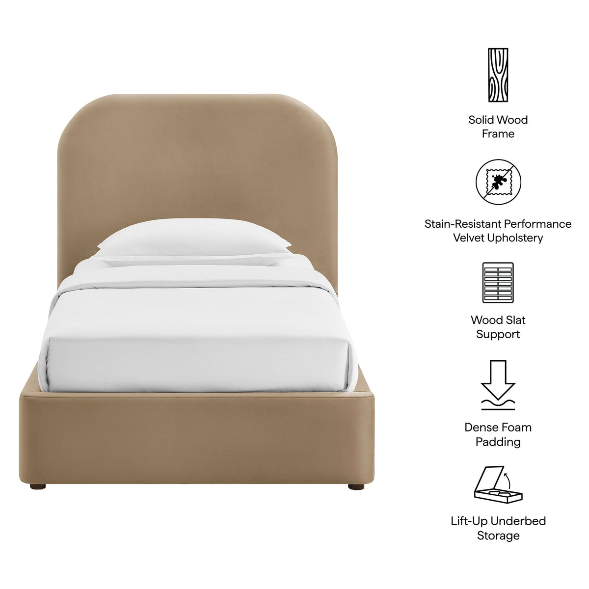 Keynote Performance Velvet Bed Frame by Modway, tan velvet upholstery, platform storage bed on Tampa Home & Garden Store