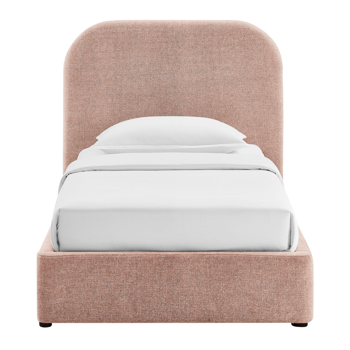 Keynote fabric upholstered storage platform bed frame in blush pink with white bedding on Tampa Home & Garden Store