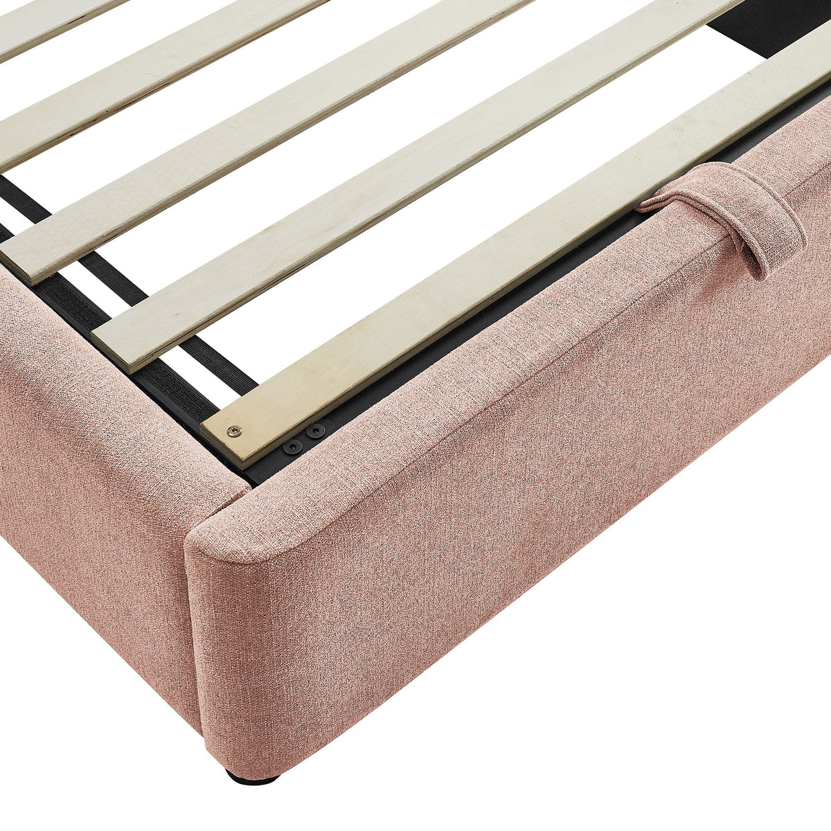 Keynote Fabric Upholstered Platform Bed Frame with light wood slats and pink upholstery on Tampa Home & Garden Store