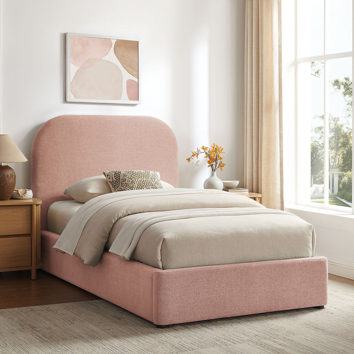 Keynote fabric upholstered storage platform bed frame in pink with headboard on Tampa Home & Garden Store