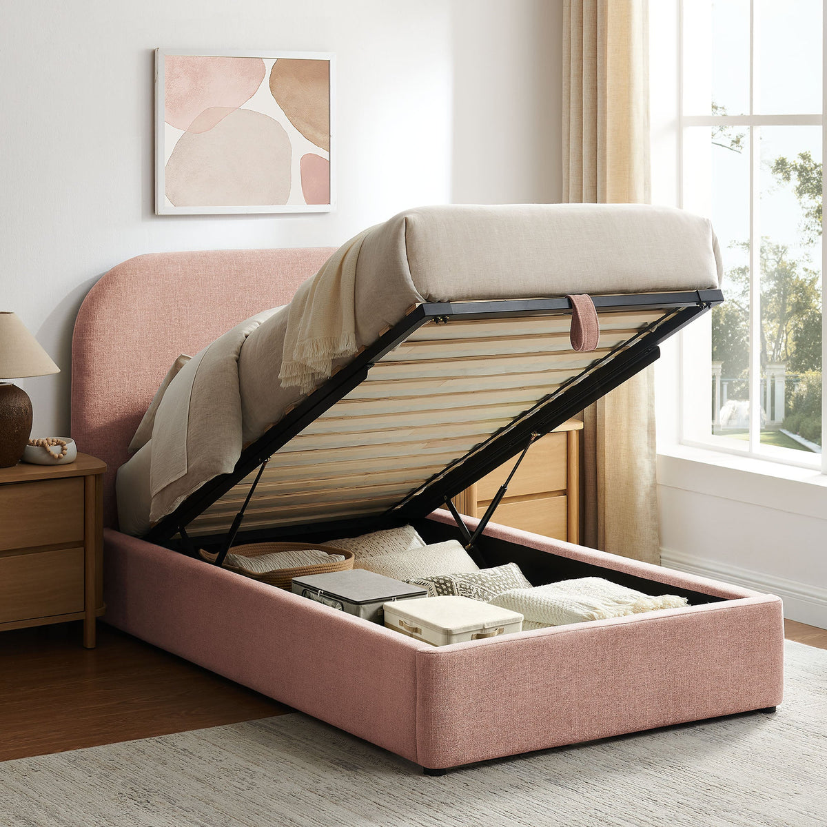 Keynote Fabric Upholstered Storage Platform Bed Frame in blush pink fabric with lift storage on Tampa Home & Garden Store