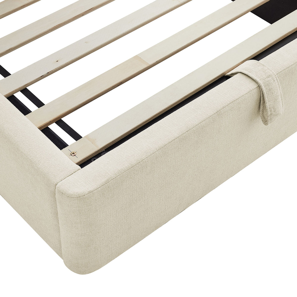 Keynote fabric upholstered storage platform bed frame with beige fabric and wood slats on Tampa Home & Garden Store