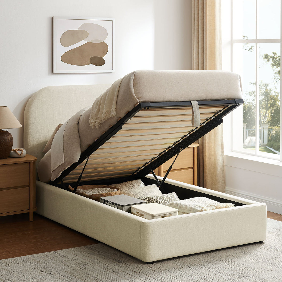 Keynote beige fabric upholstered storage platform bed frame with lift on Tampa Home & Garden Store