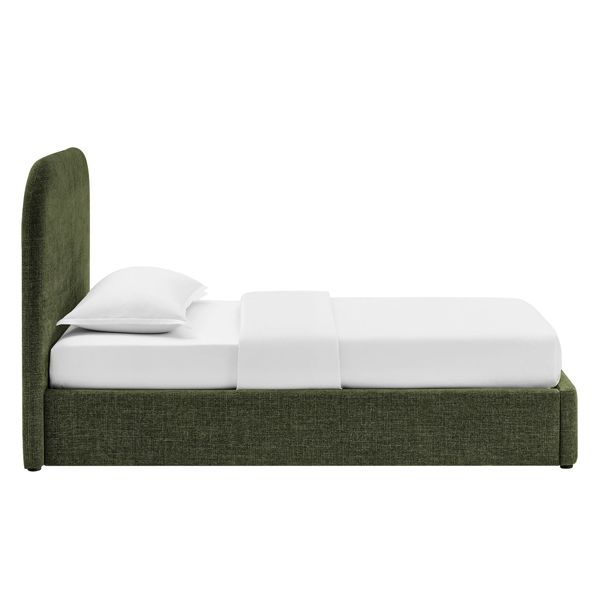 Keynote fabric upholstered storage platform bed frame in green fabric with tall headboard on Tampa Home & Garden Store