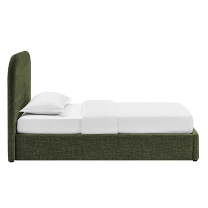 Keynote fabric upholstered storage platform bed frame in green fabric with tall headboard on Tampa Home & Garden Store