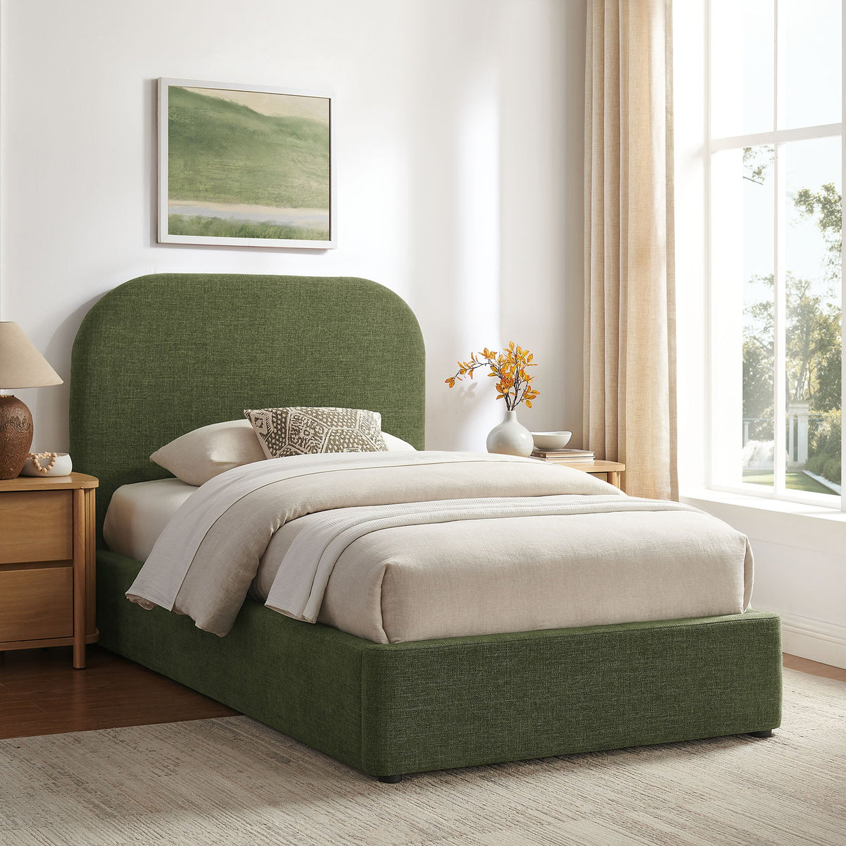 Keynote fabric upholstered storage platform bed frame in green with beige bedding on Tampa Home & Garden Store