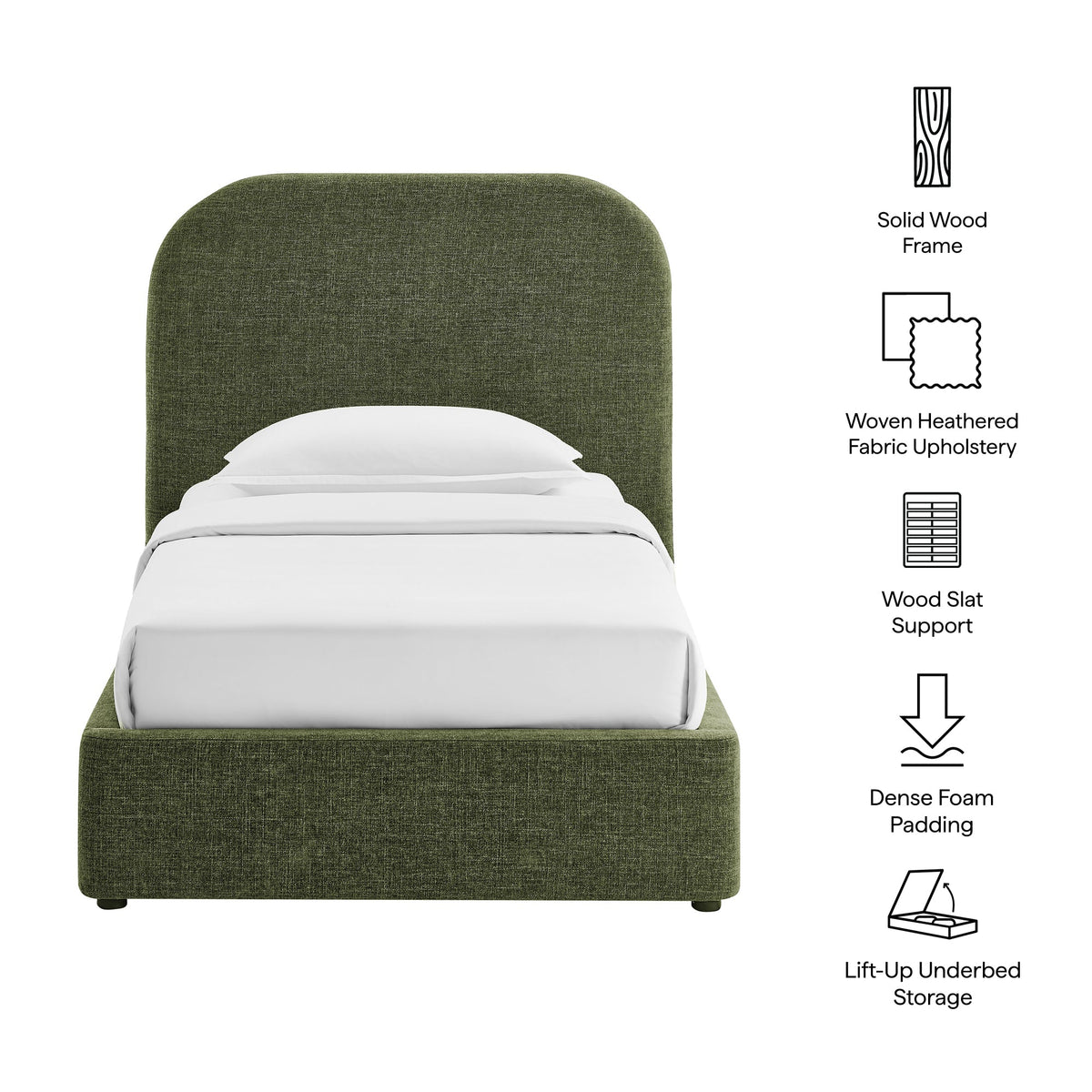 Keynote Fabric Upholstered Storage Bed Frame in green fabric with lift-up storage and wood frame on Tampa Home & Garden Store