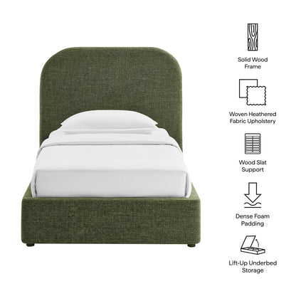 Keynote Fabric Upholstered Storage Bed Frame in green fabric with lift-up storage and wood frame on Tampa Home & Garden Store