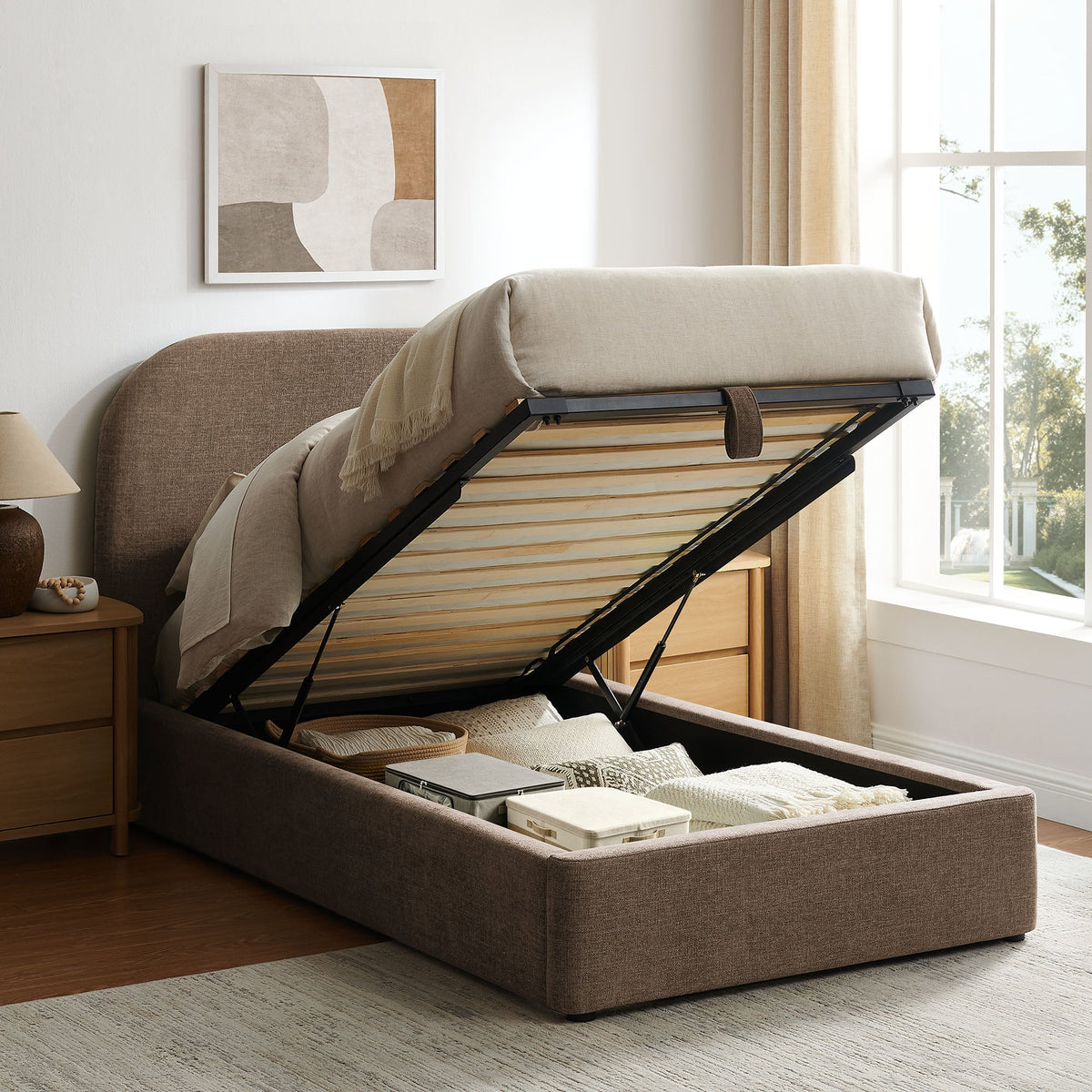 Keynote fabric upholstered storage platform bed frame in taupe with drawers on Tampa Home & Garden Store