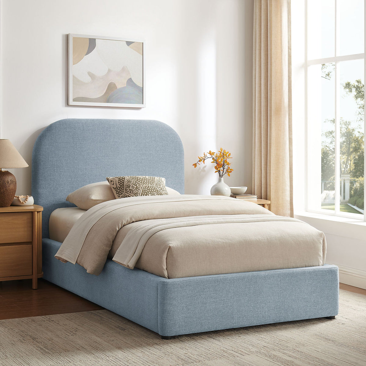Keynote fabric upholstered storage platform bed frame in light blue fabric on Tampa Home & Garden Store