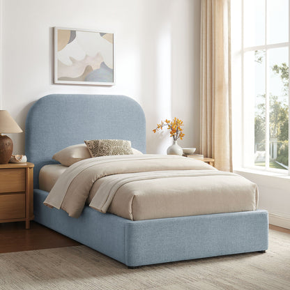 Keynote fabric upholstered storage platform bed frame in light blue fabric on Tampa Home & Garden Store