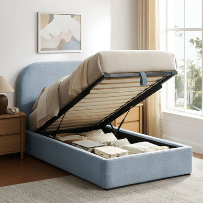 Keynote fabric upholstered storage platform bed frame in blue-gray fabric with lift storage on Tampa Home & Garden Store