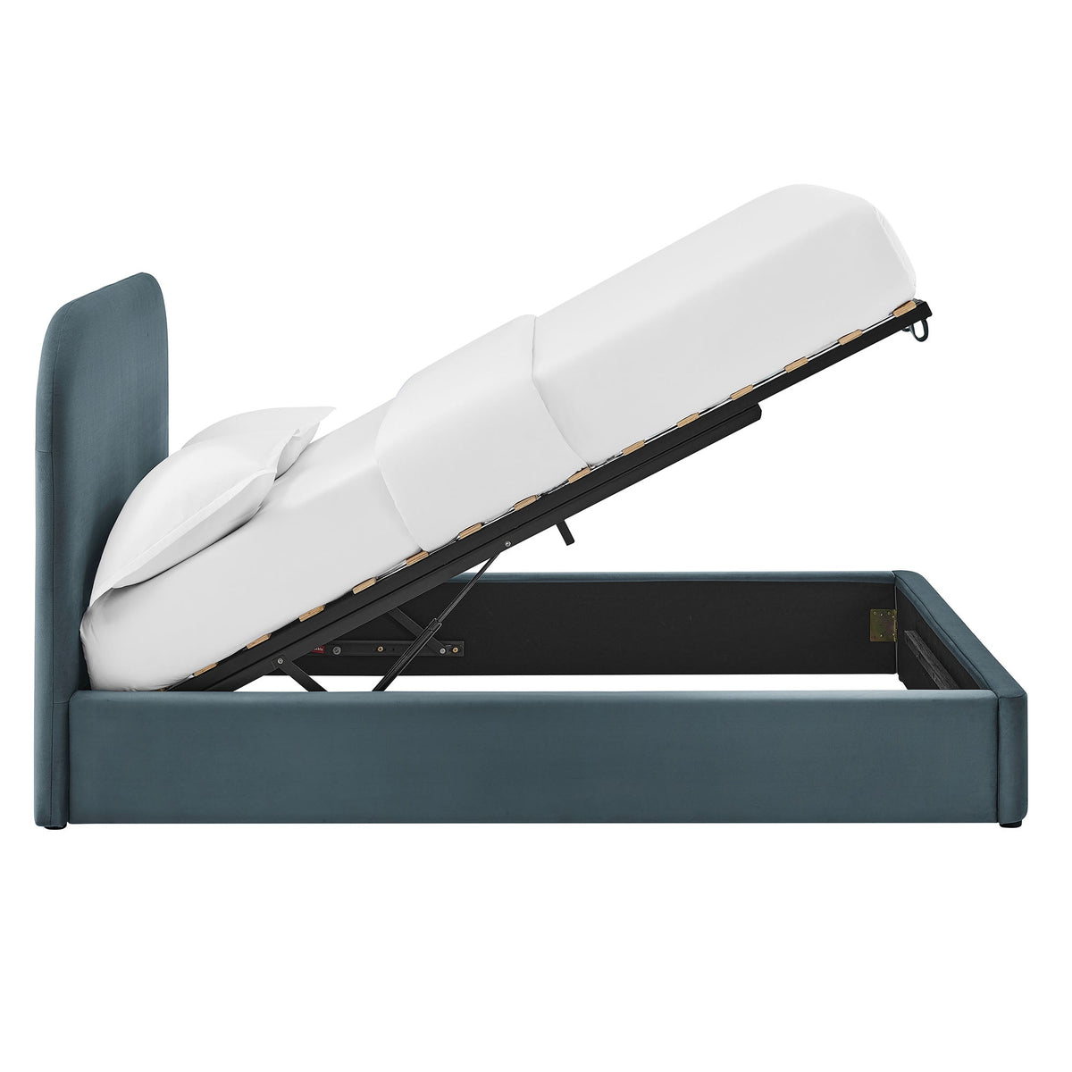 Keynote Performance Velvet Storage Platform Bed Frame with teal headboard and lift-up storage on Tampa Home & Garden Store