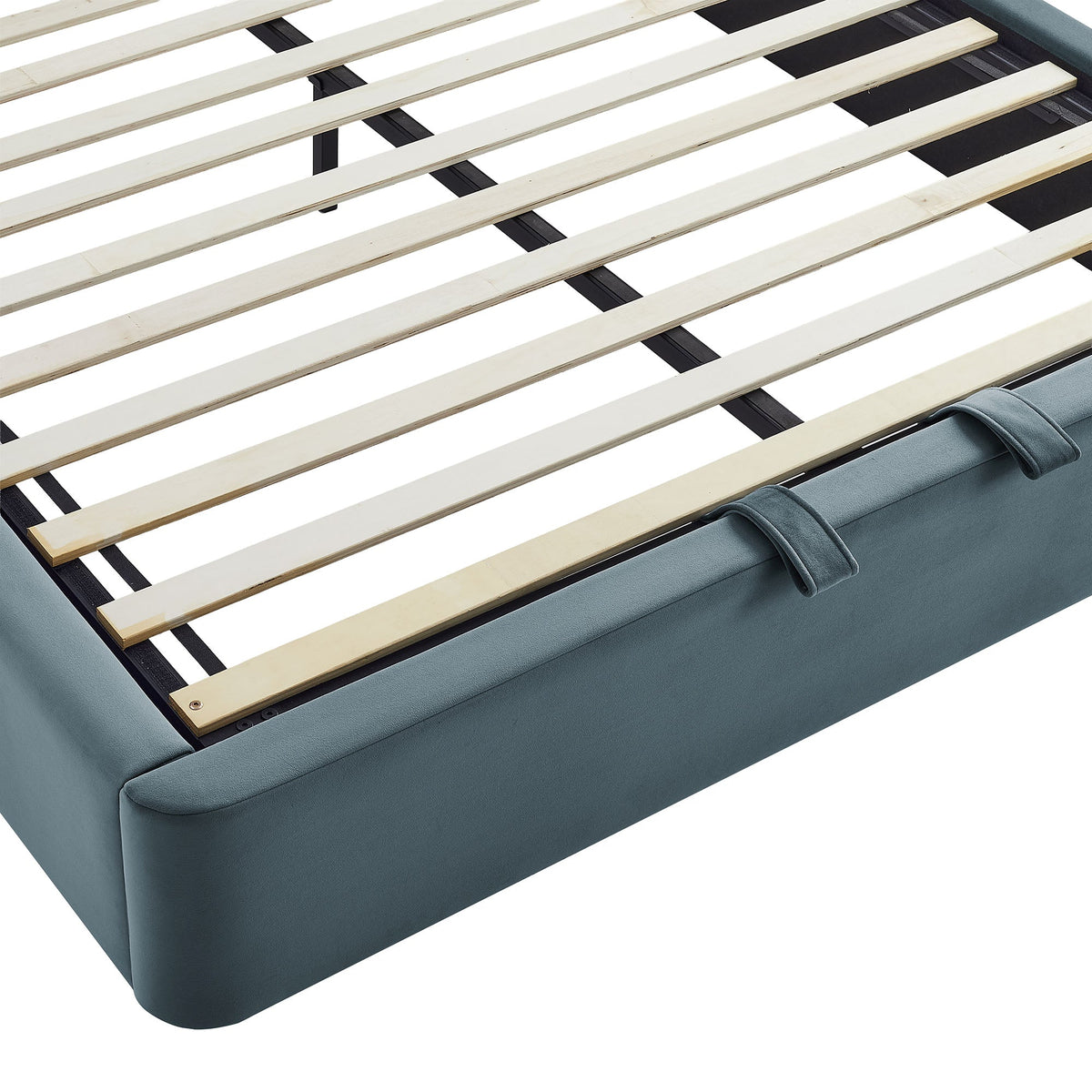 Keynote Performance Velvet Storage Platform Bed Frame with teal upholstered base wood slats on Tampa Home & Garden Store
