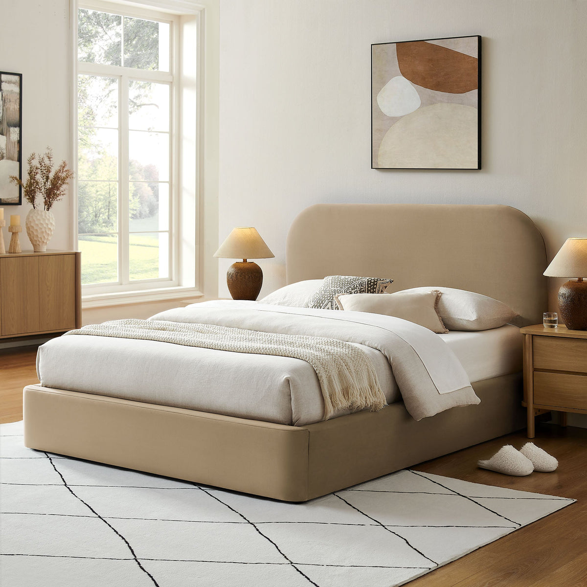 Keynote Performance Velvet storage platform bed frame in beige velvet with upholstered headboard on Tampa Home & Garden Store
