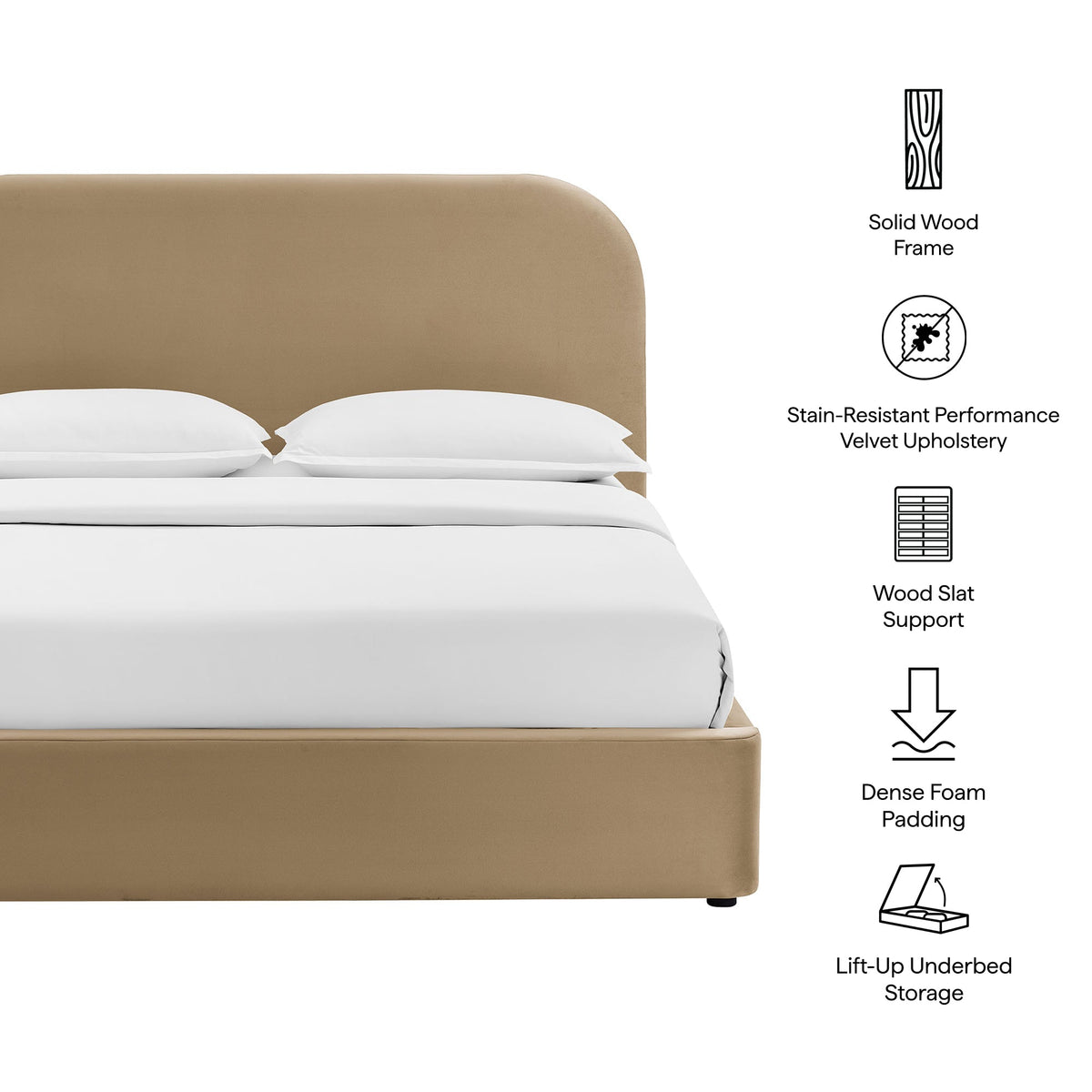 Keynote Performance Velvet Storage Platform Bed Frame with tan upholstery on Tampa Home & Garden Store