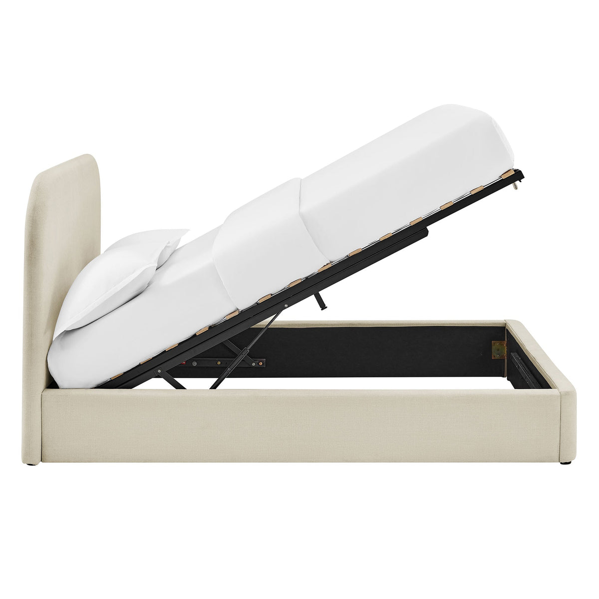 Keynote fabric upholstered storage platform bed frame in beige with a black metal base on Tampa Home & Garden Store