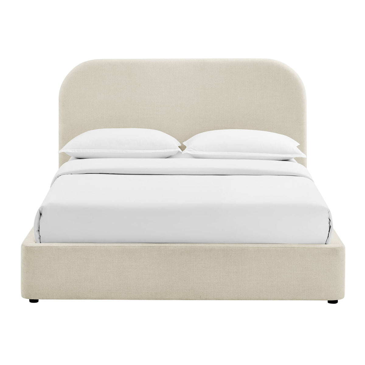 Keynote fabric upholstered platform bed frame with beige headboard and white bedding on Tampa Home & Garden Store