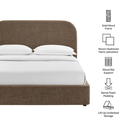 Keynote fabric upholstered storage platform bed frame with brown headboard and white bedding on Tampa Home & Garden Store