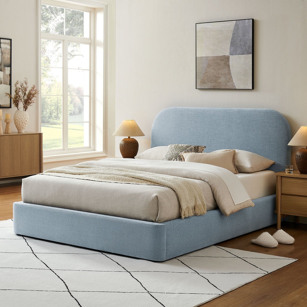 Keynote Fabric Upholstered Storage Platform Bed Frame by HouseOfZazla in light blue fabric on Tampa Home & Garden Store