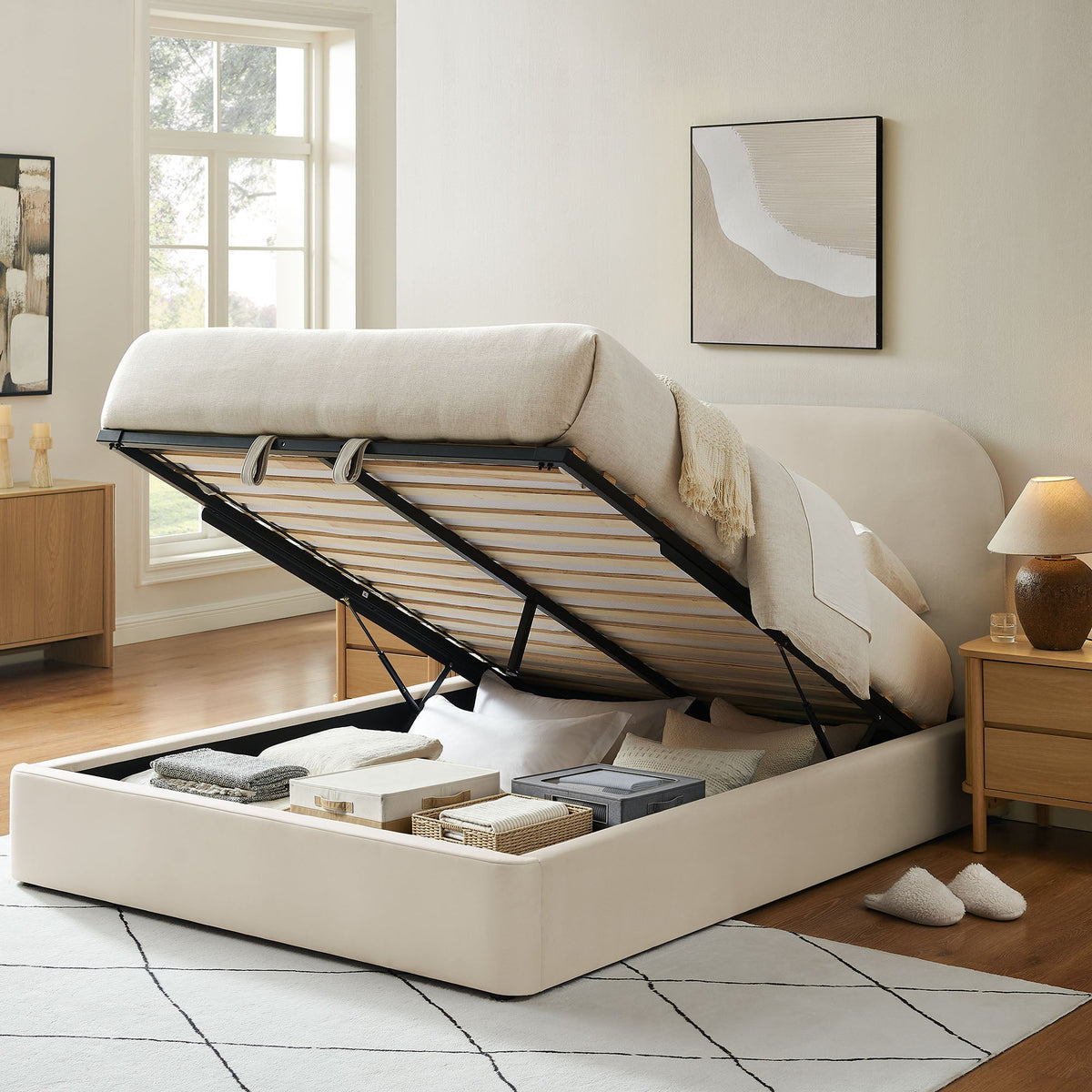 Keynote Performance Velvet storage platform bed frame by Modway in beige velvet with storage on Tampa Home & Garden Store