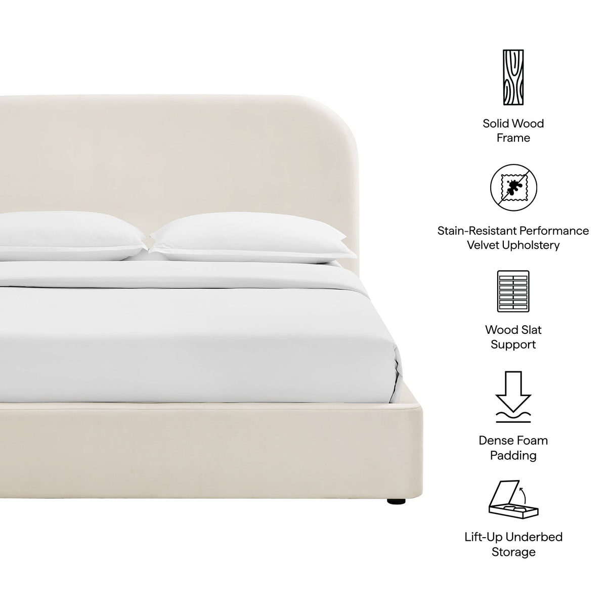 Keynote Performance Velvet Storage Platform Bed Frame cream upholstery lift-up storage on Tampa Home & Garden Store