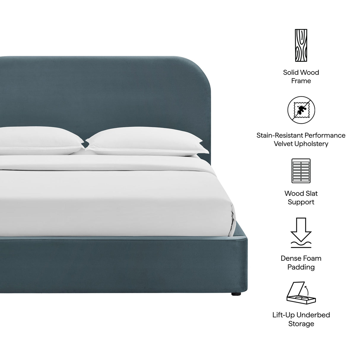 Keynote Velvet Storage Bed Frame in blue velvet with solid wood frame and underbed storage on Tampa Home & Garden Store