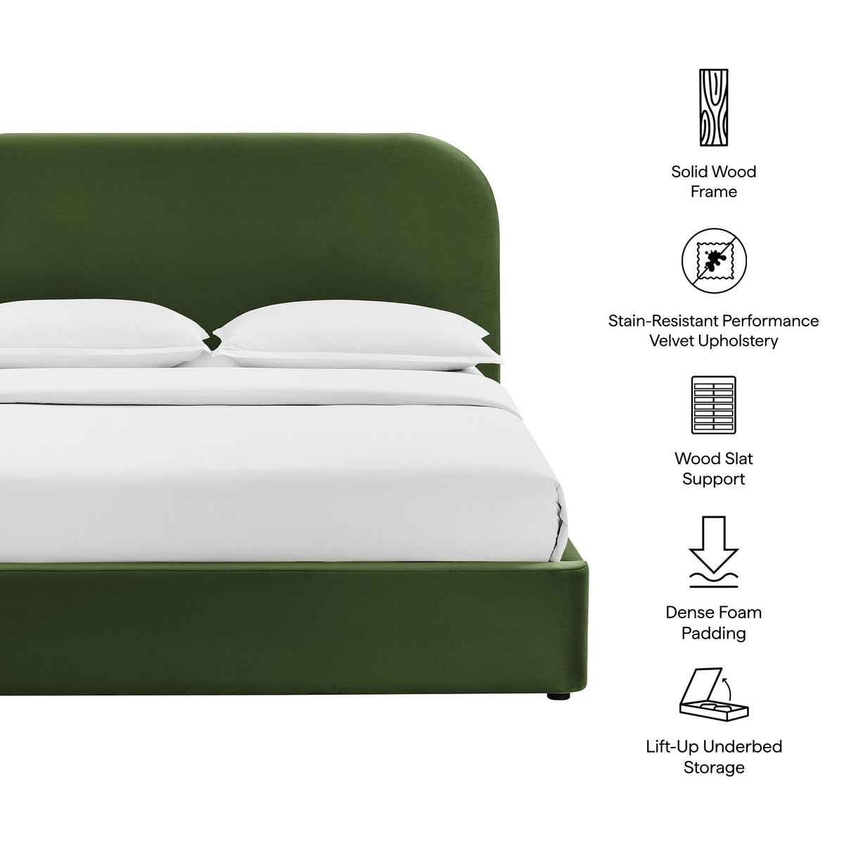 Keynote Performance Velvet Storage Platform Bed Frame in green velvet with lift-up storage on Tampa Home & Garden Store