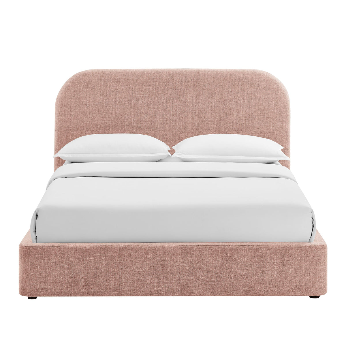 Keynote fabric upholstered storage platform bed in blush pink with white bedding on Tampa Home & Garden Store