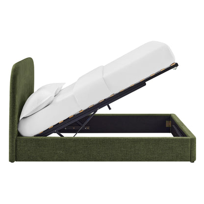 Keynote fabric upholstered storage platform bed frame olive green with under-bed storage on Tampa Home & Garden Store