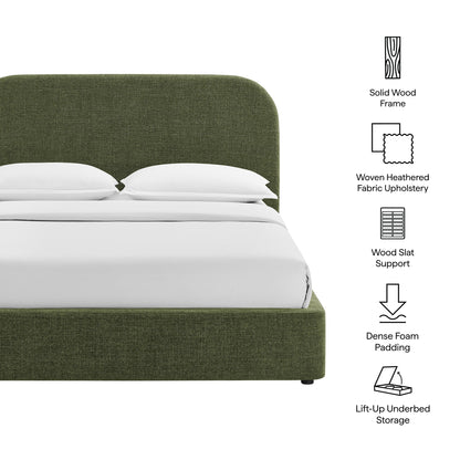 Keynote fabric upholstered storage bed frame olive green headboard with white sheets on Tampa Home & Garden Store