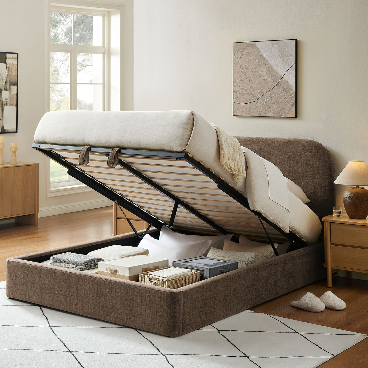 Keynote Fabric Upholstered Storage Platform Bed Frame in beige fabric with black metal frame on Tampa Home & Garden Store