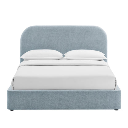 Keynote fabric upholstered storage platform bed frame in blue-gray with rounded headboard on Tampa Home & Garden Store