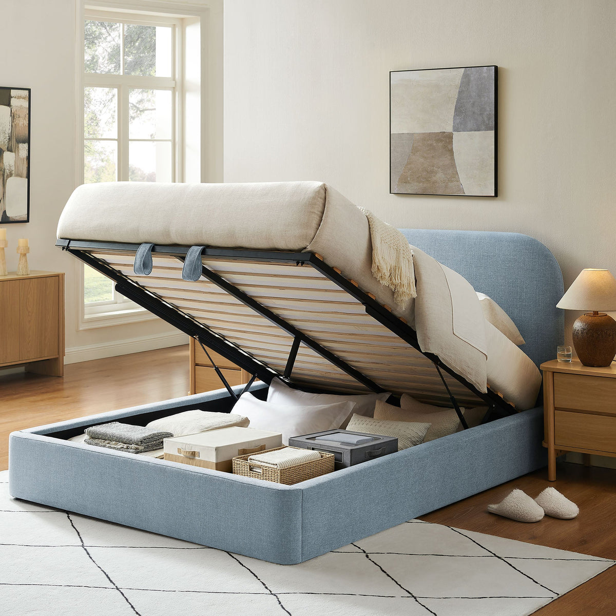 Keynote fabric upholstered storage platform bed frame by Modway in blue-gray with lift storage on Tampa Home & Garden Store