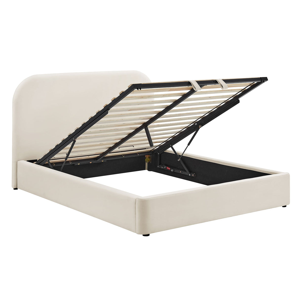 Keynote Performance Velvet Storage Platform Bed Frame in ivory with hydraulic lift and slatted base on Tampa Home & Garden Store
