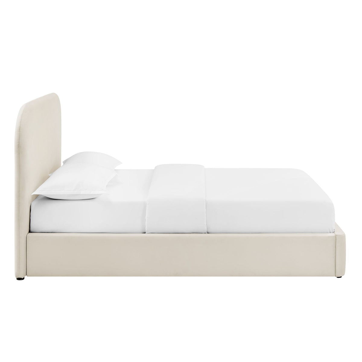 Keynote Performance Velvet Storage Platform Bed Frame in beige with tall headboard on Tampa Home & Garden Store
