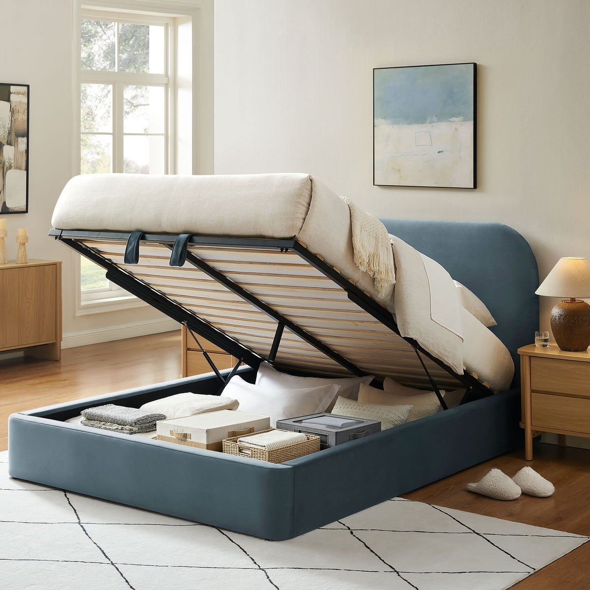 Keynote Performance Velvet Platform Bed Frame in blue velvet with lift storage by Modway on Tampa Home & Garden Store