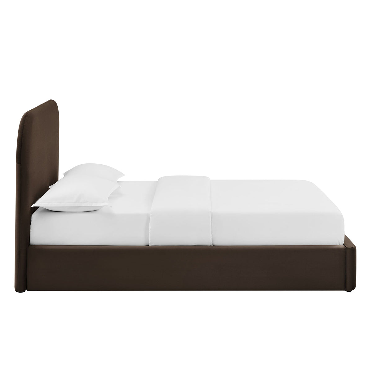 Keynote Performance Velvet Storage Platform Bed Frame in dark brown upholstery bedskirt on Tampa Home & Garden Store