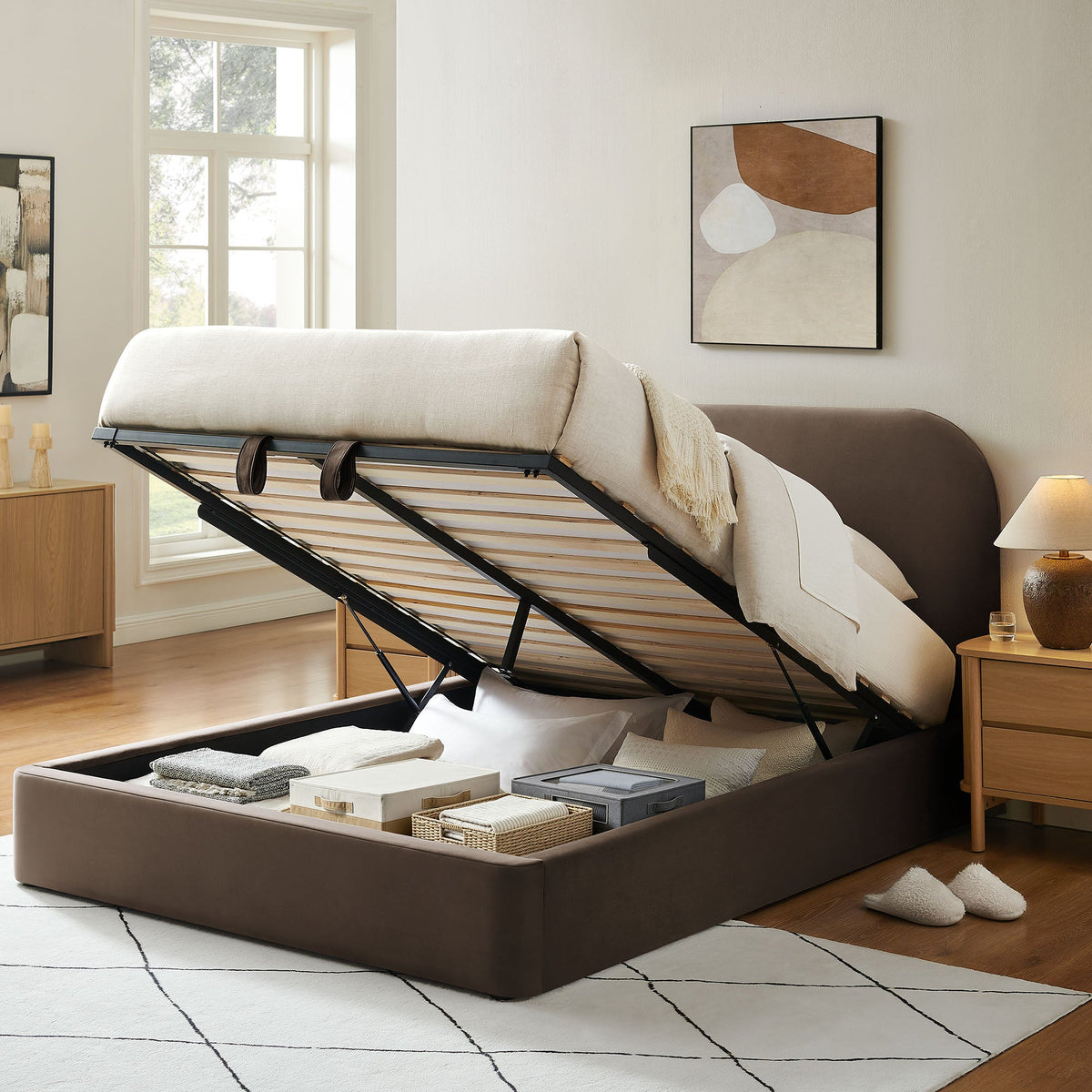 Keynote Performance Velvet Storage Platform Bed Frame in beige with hydraulic lift storage on Tampa Home & Garden Store