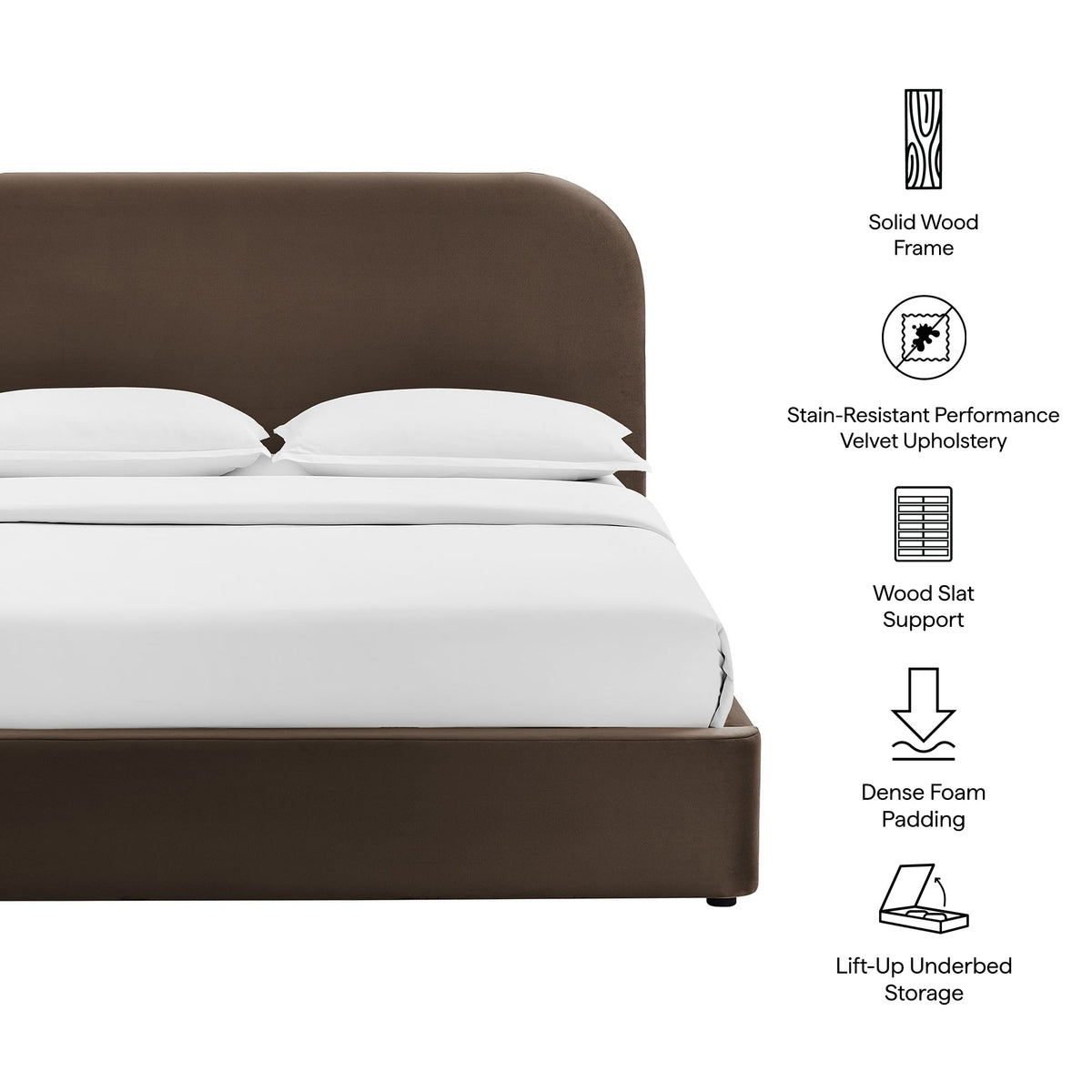 Keynote Performance Velvet Storage Bed Frame brown velvet and solid wood with underbed storage on Tampa Home & Garden Store