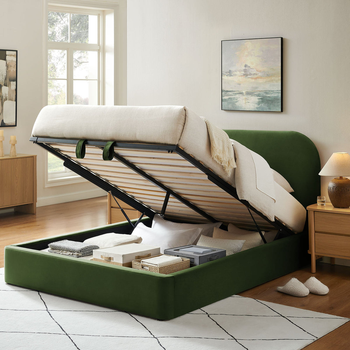 Keynote Performance Velvet storage platform bed frame in emerald green velvet with underbed storage on Tampa Home & Garden Store