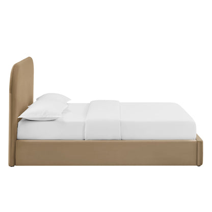 Keynote Performance Velvet Storage Platform Bed Frame in tan velvet with white bedding on Tampa Home & Garden Store