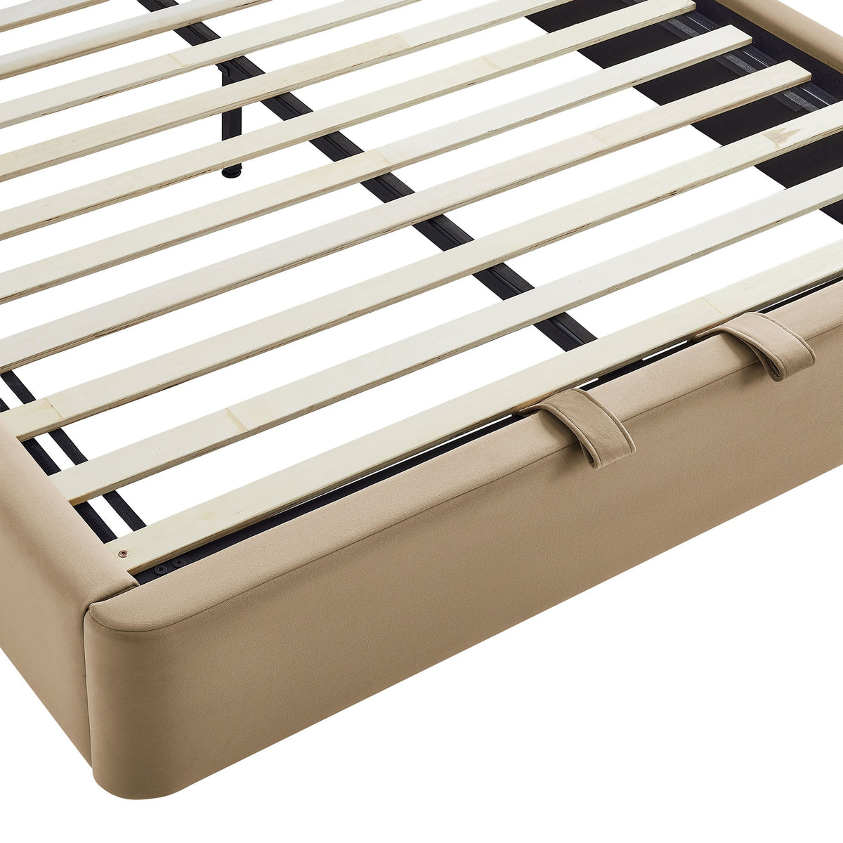 Keynote Performance Velvet storage platform bed frame beige with slats and padded rails on Tampa Home & Garden Store