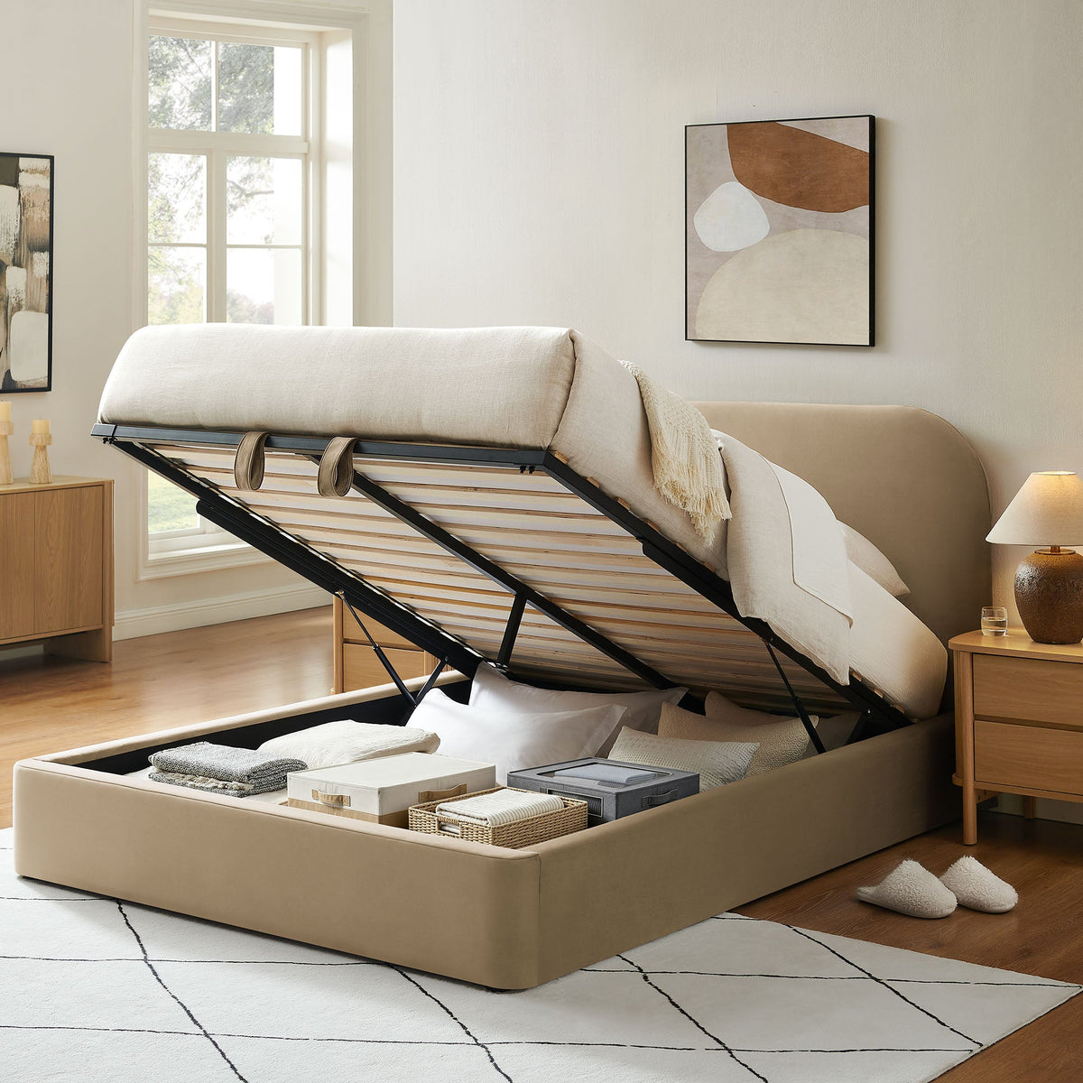 Keynote Performance Velvet storage platform bed frame by Modway in beige with black metal legs on Tampa Home & Garden Store