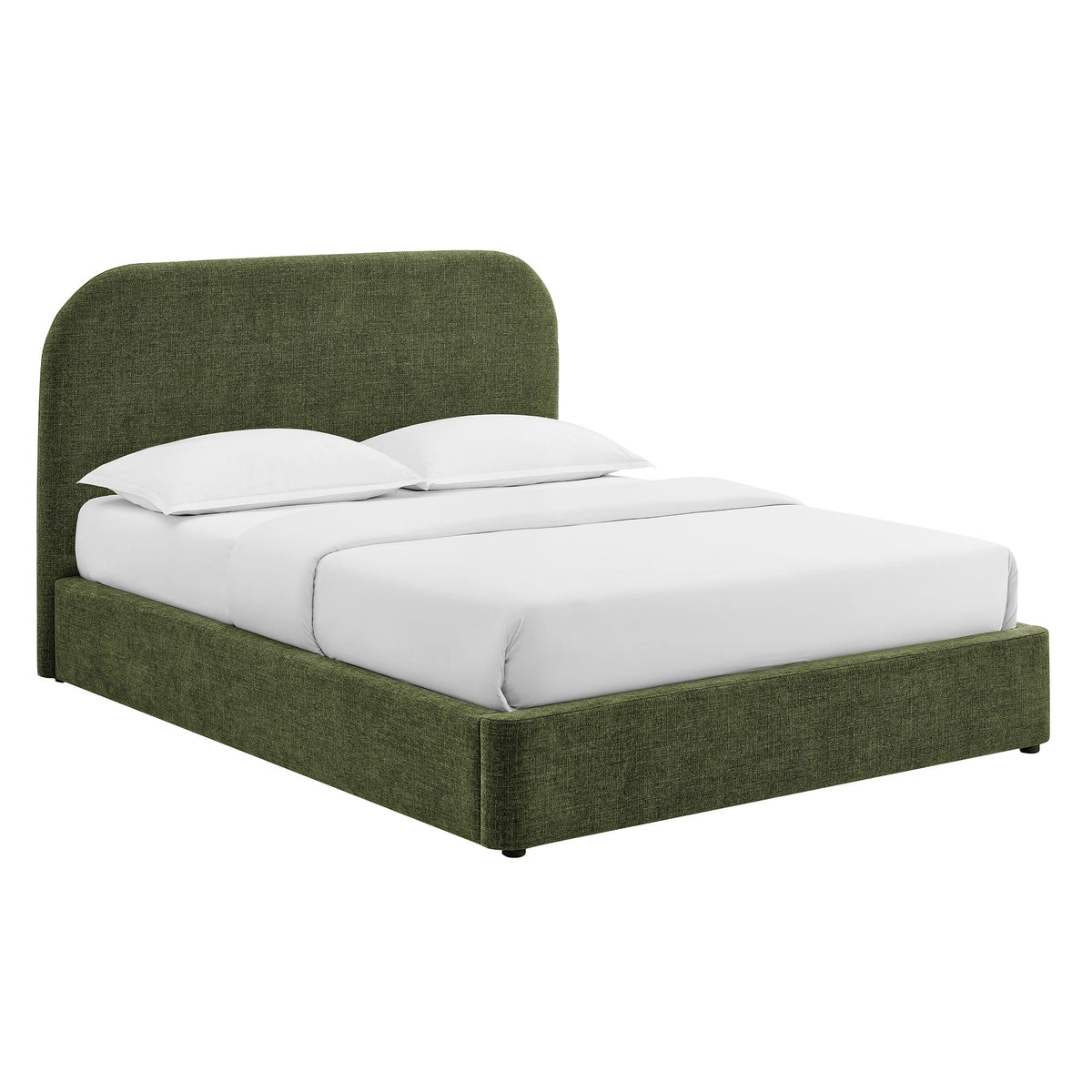 Keynote fabric upholstered storage platform bed frame in olive green with white bedding on Tampa Home & Garden Store