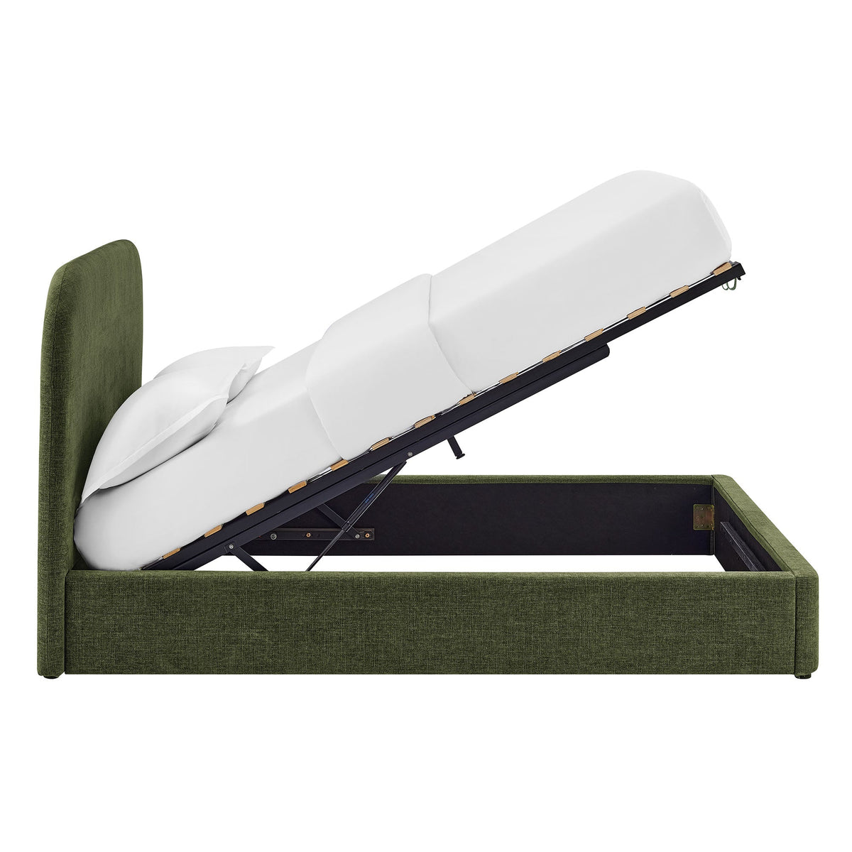 Keynote Fabric Upholstered Storage Platform Bed Frame in green fabric with white mattress on Tampa Home & Garden Store